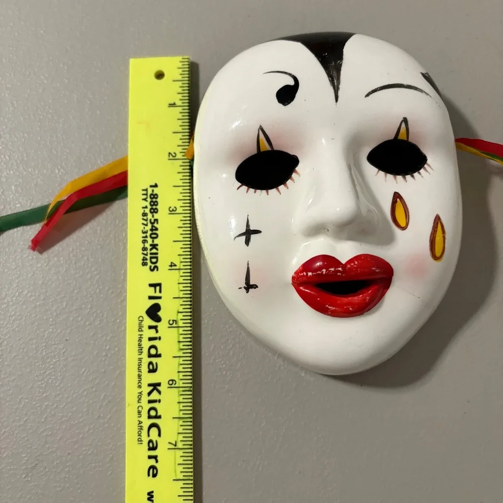 Hand Painted Ceramic‎ Clown Mask Decorative Wall Hanging Red Lips Tears Ribbons